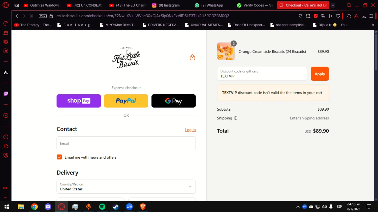 Callie's Biscuit promo code screenshot showing code TEXTVIP applied at Callie's Biscuit checkout page. Uploaded by SimplyCodes community member Helpme on Jul 8, 2025