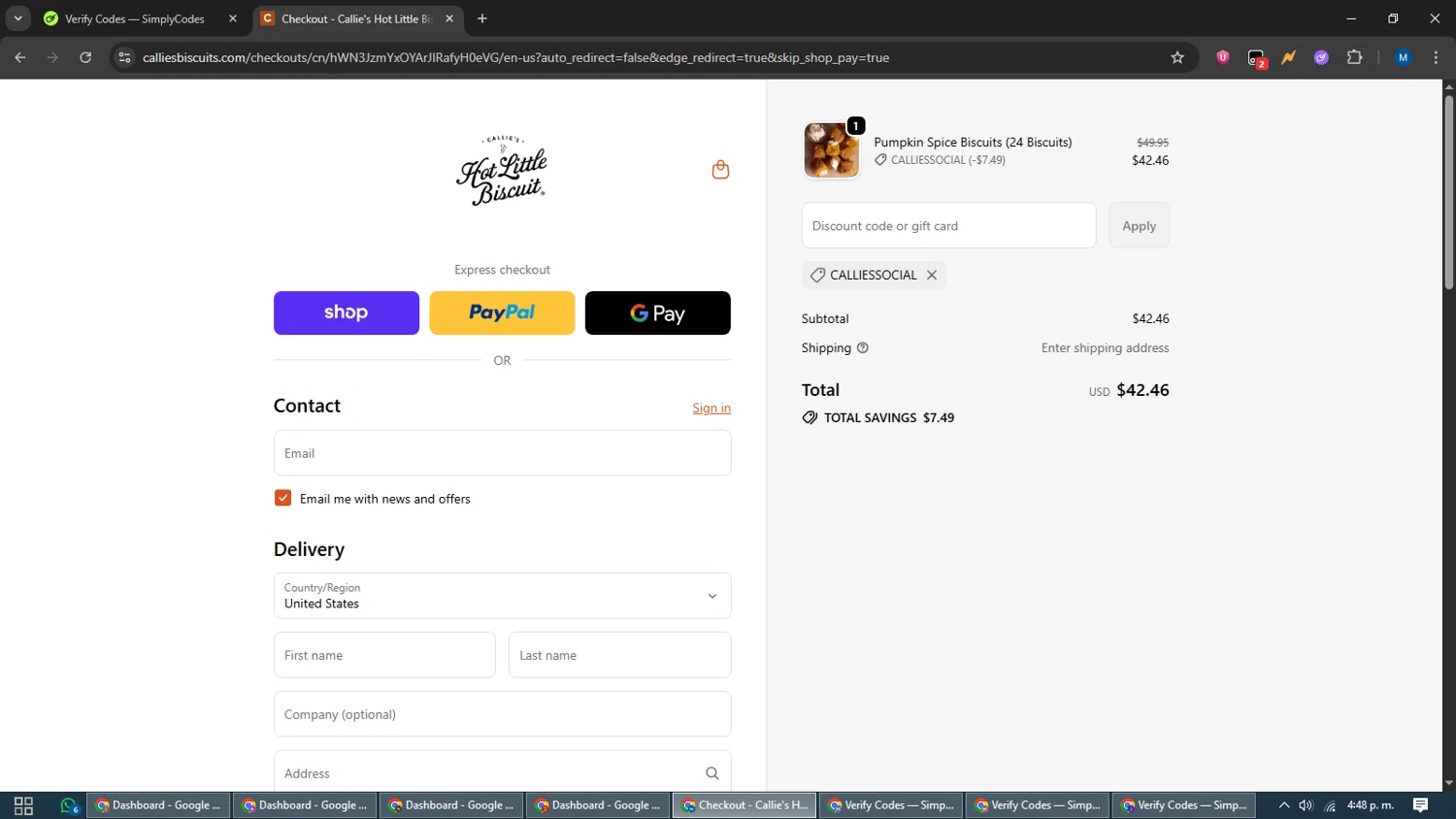 Callie's Biscuit promo code screenshot showing code CALLIESSOCIAL applied at Callie's Biscuit checkout page. Uploaded by SimplyCodes community member EpicVoyager2820 on Sep 23, 2025
