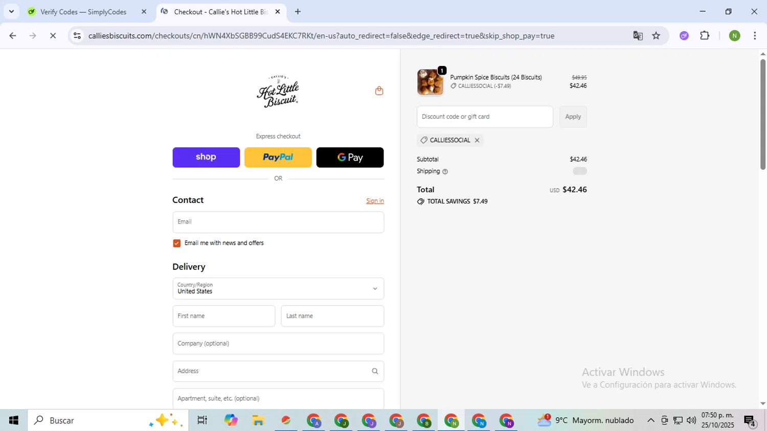 Callie's Biscuit promo code screenshot showing code CALLIESSOCIAL applied at Callie's Biscuit checkout page. Uploaded by SimplyCodes community member TokenMaverick6956 on Oct 25, 2025