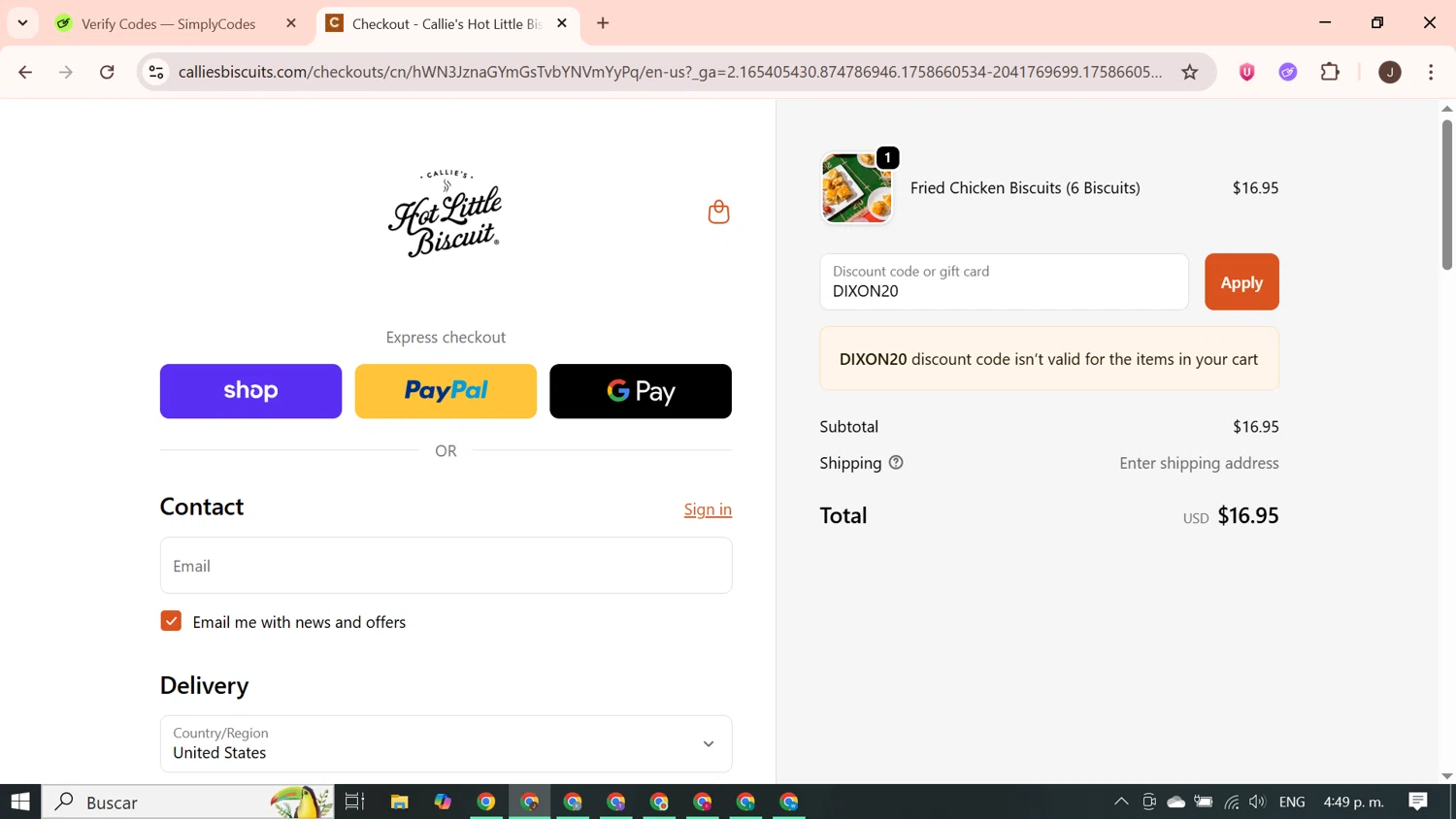 Callie's Biscuit promo code screenshot showing code DIXON20 applied at Callie's Biscuit checkout page. Uploaded by SimplyCodes community member PrimeGenius2371 on Sep 23, 2025