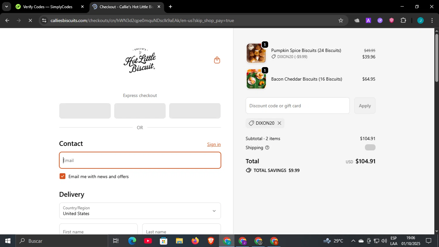 Callie's Biscuit promo code screenshot showing code DIXON20 applied at Callie's Biscuit checkout page. Uploaded by SimplyCodes community member WonderCaptain6926 on Oct 1, 2025