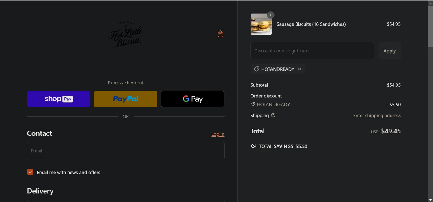 Callie's Biscuit promo code screenshot showing code hotandready applied at Callie's Biscuit checkout page. Uploaded by SimplyCodes community member hola_bebe on Jan 9, 2025