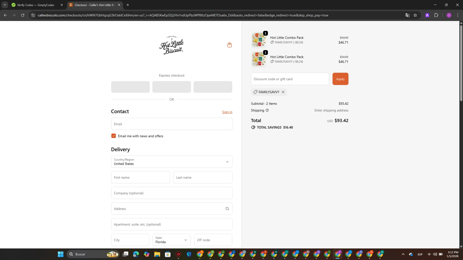 Callie's Biscuit checkout page showing Callie's Biscuit promo code box | Screenshot taken by SimplyCodes community member on Jan 5, 2026