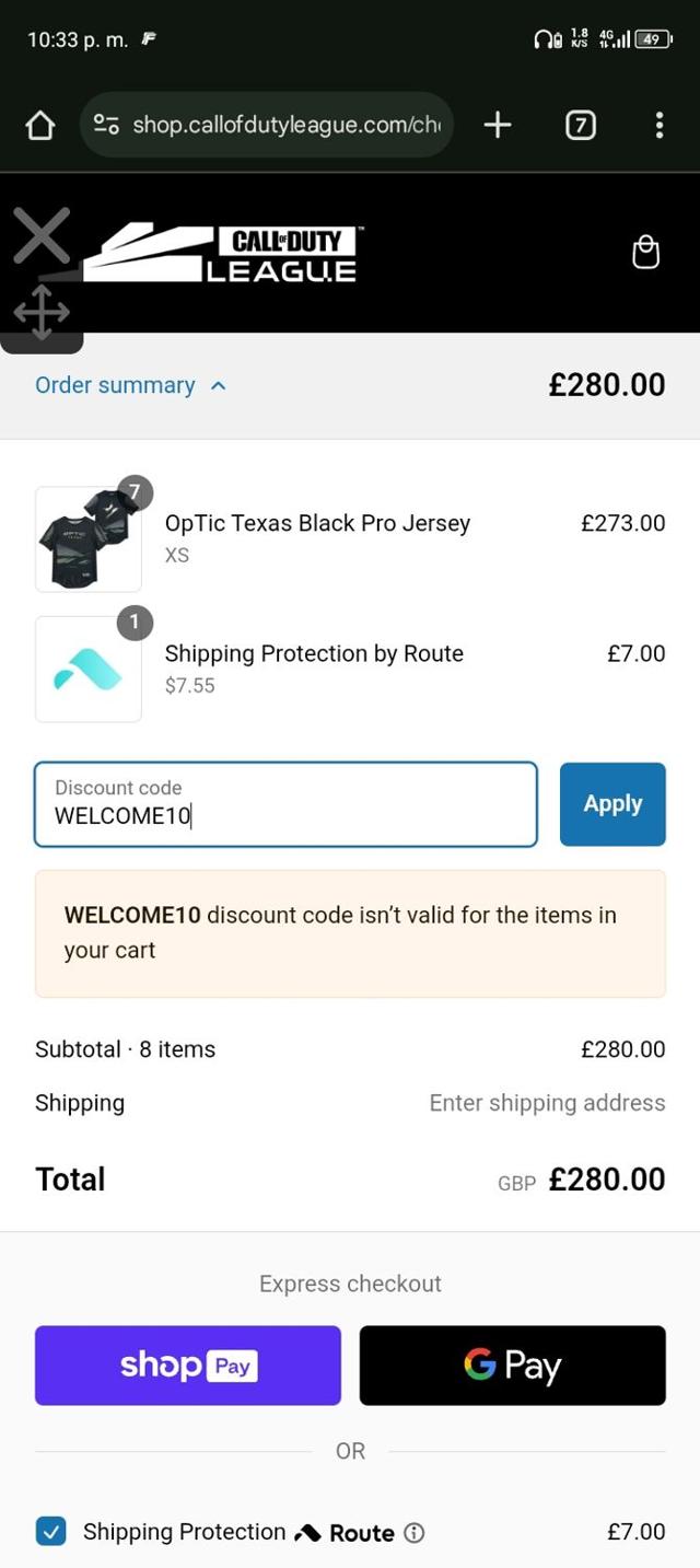 Call of Duty League Shop checkout page showing Call of Duty League Shop promo code box | Screenshot taken by SimplyCodes community member on Feb 20, 2025