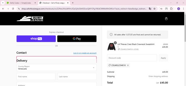 Call of Duty League Shop checkout page showing Call of Duty League Shop promo code box | Screenshot taken by SimplyCodes community member on Feb 8, 2025