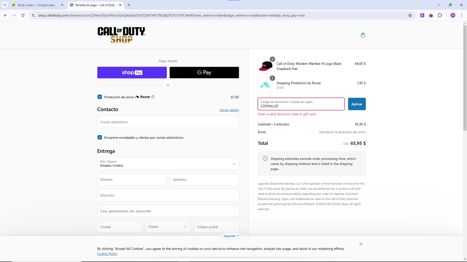 Call of Duty Store discount code screenshot showing code CODFALL20 applied at Call of Duty Store checkout page. Uploaded by SimplyCodes community member TokenChaser4876 on Jan 24, 2025