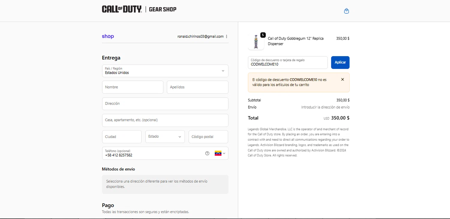 Call of Duty Store discount code screenshot showing code CODWELCOME10 applied at Call of Duty Store checkout page. Uploaded by SimplyCodes community member GoldAce6962 on Nov 14, 2025