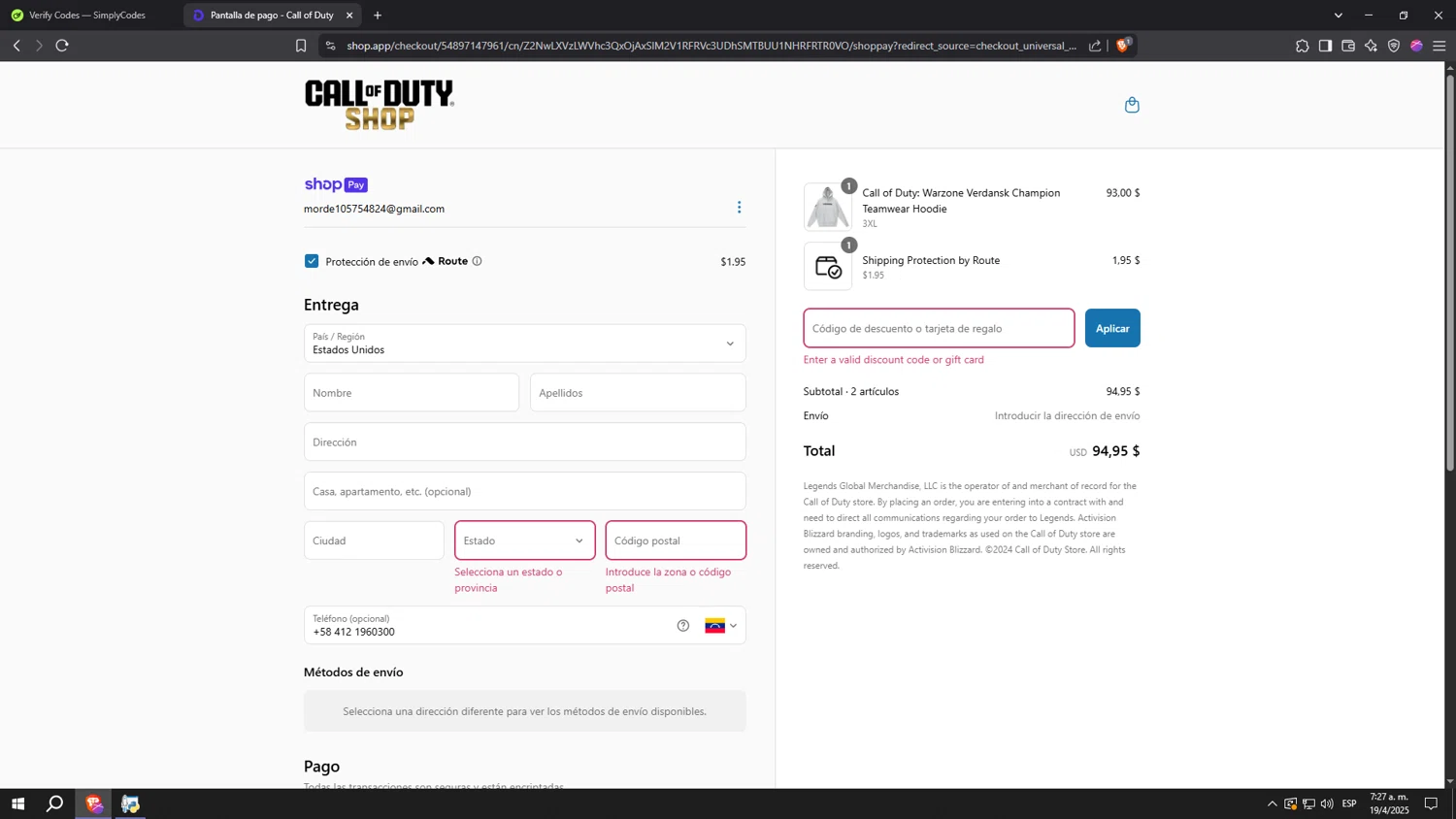 Call of Duty Store discount code screenshot showing code codgear10 applied at Call of Duty Store checkout page. Uploaded by SimplyCodes community member aaaaaaaaaaaaaaaaaaaaa on Apr 19, 2025