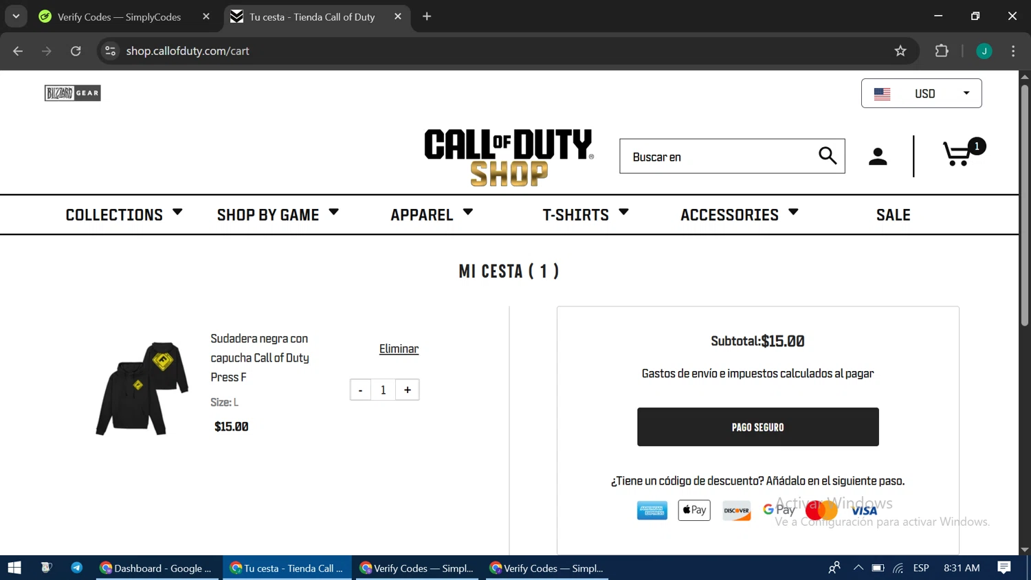 Call of Duty Store discount code screenshot showing code codgear10 applied at Call of Duty Store checkout page. Uploaded by SimplyCodes community member LuckyPioneer1051 on Apr 19, 2025
