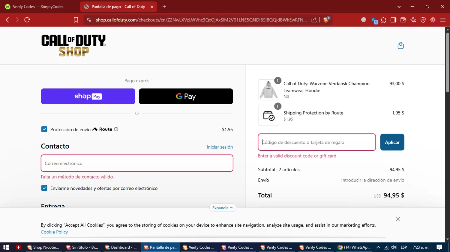 Call of Duty Store discount code screenshot showing code codgear10 applied at Call of Duty Store checkout page. Uploaded by SimplyCodes community member VictoriousCaptain7627 on Apr 19, 2025
