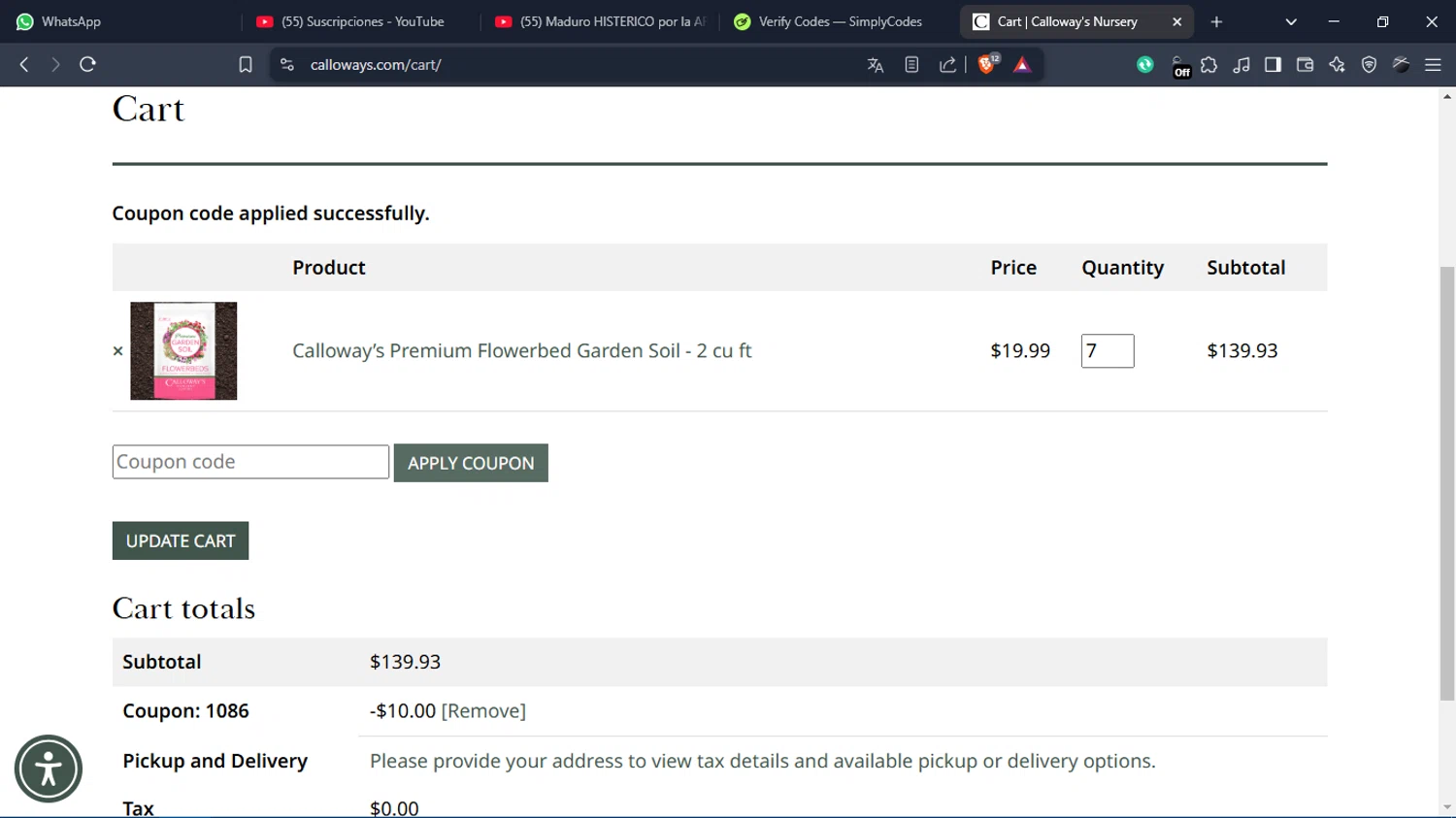 Calloway's Nursery promo code screenshot showing code 1086 applied at Calloway's Nursery checkout page. Uploaded by SimplyCodes community member Charlote on Apr 24, 2025