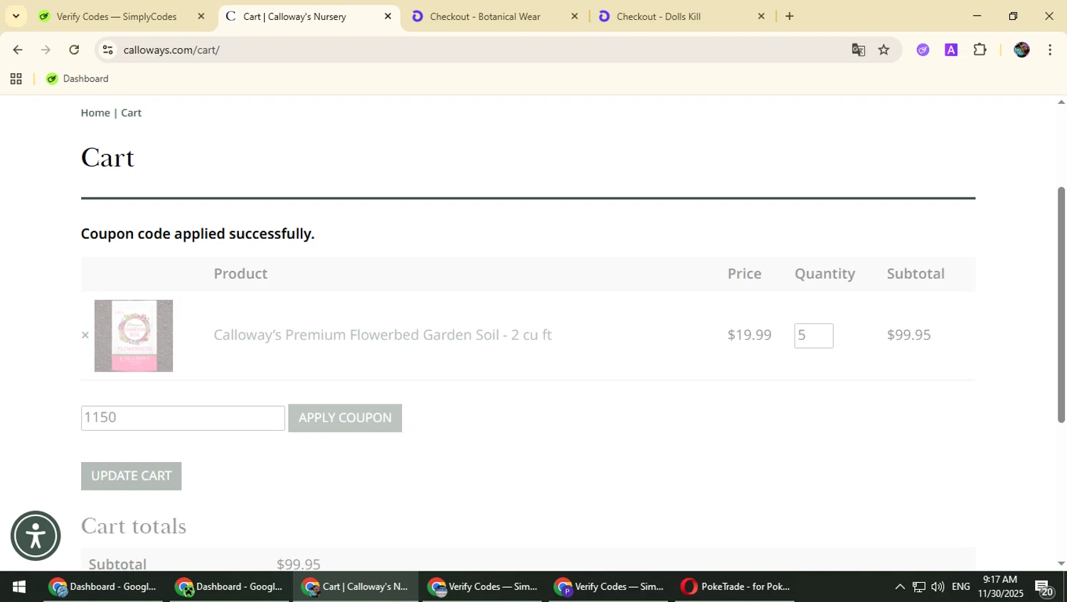 Calloway's Nursery promo code screenshot showing code 1150 applied at Calloway's Nursery checkout page. Uploaded by SimplyCodes community member Typhlosion on Nov 30, 2025