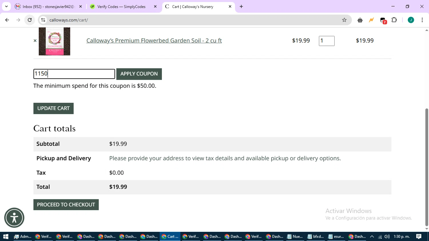 Calloway's Nursery promo code screenshot showing code 1150 applied at Calloway's Nursery checkout page. Uploaded by SimplyCodes community member SavvyCurator1770 on Apr 24, 2025