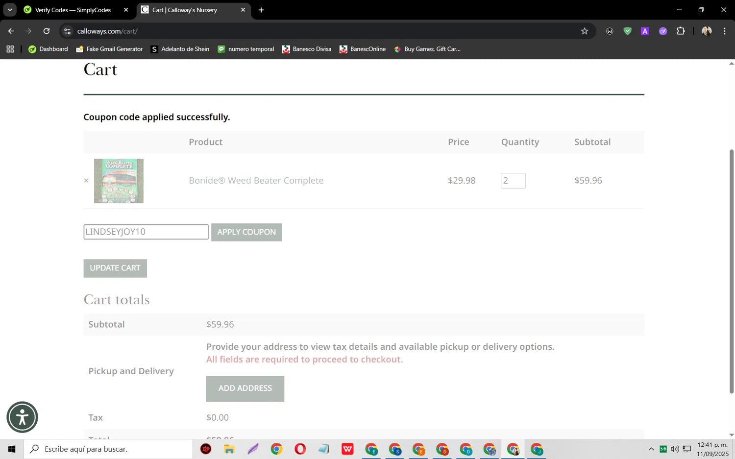 Calloway's Nursery promo code screenshot showing code LINDSEYJOY10 applied at Calloway's Nursery checkout page. Uploaded by SimplyCodes community member jeysosmoore on Sep 11, 2025