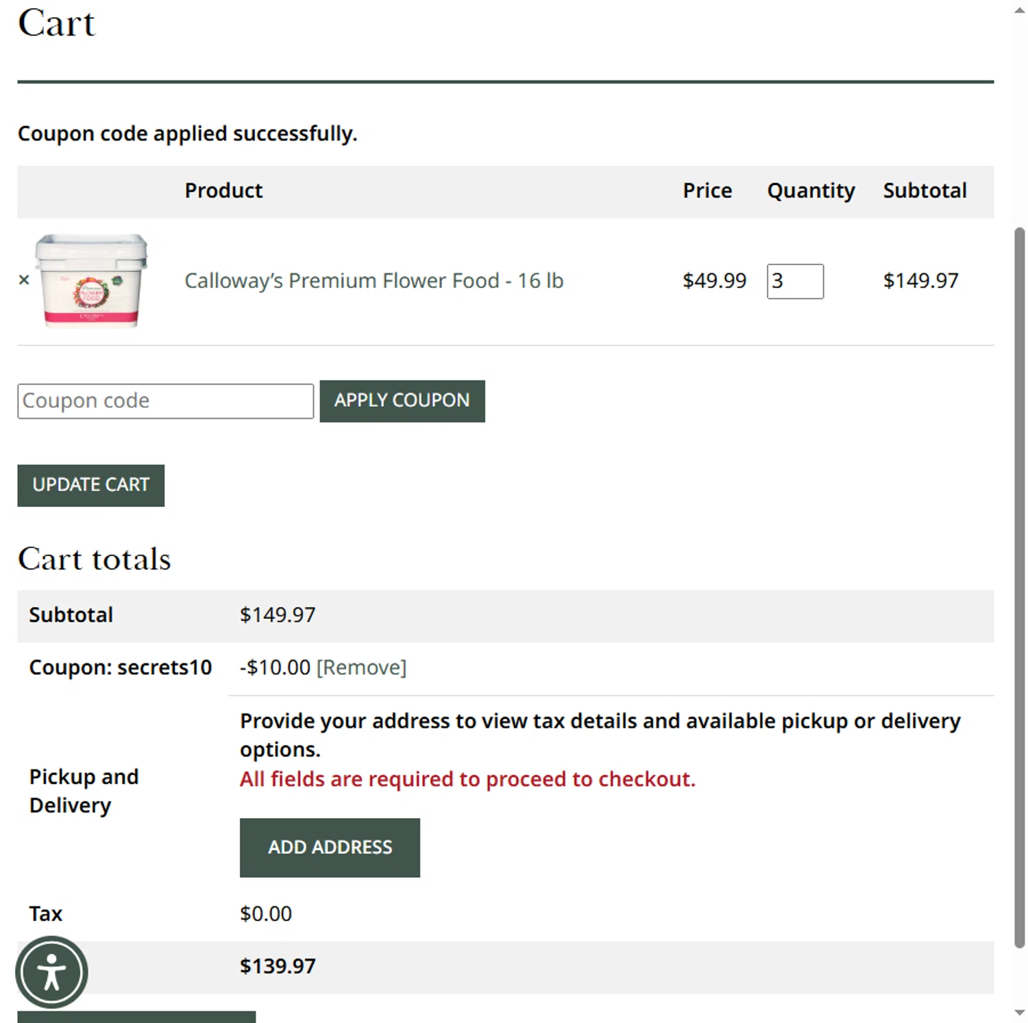Calloway's Nursery promo code screenshot showing code secrets10 applied at Calloway's Nursery checkout page. Uploaded by SimplyCodes community member Sadalsuud on Oct 23, 2025