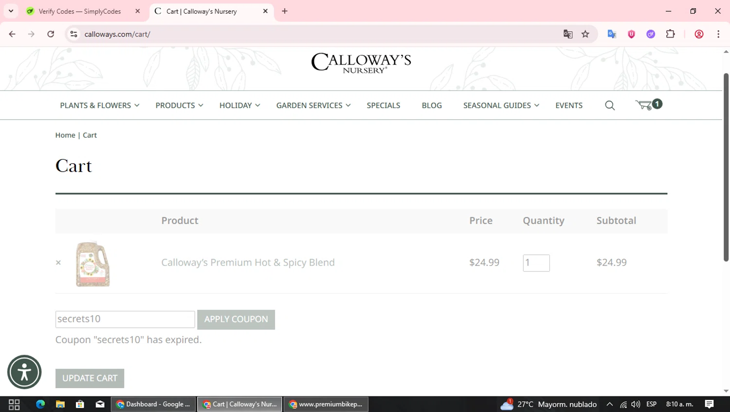 Calloway's Nursery promo code screenshot showing code secrets10 applied at Calloway's Nursery checkout page. Uploaded by SimplyCodes community member SavingsBoss991 on Nov 21, 2025