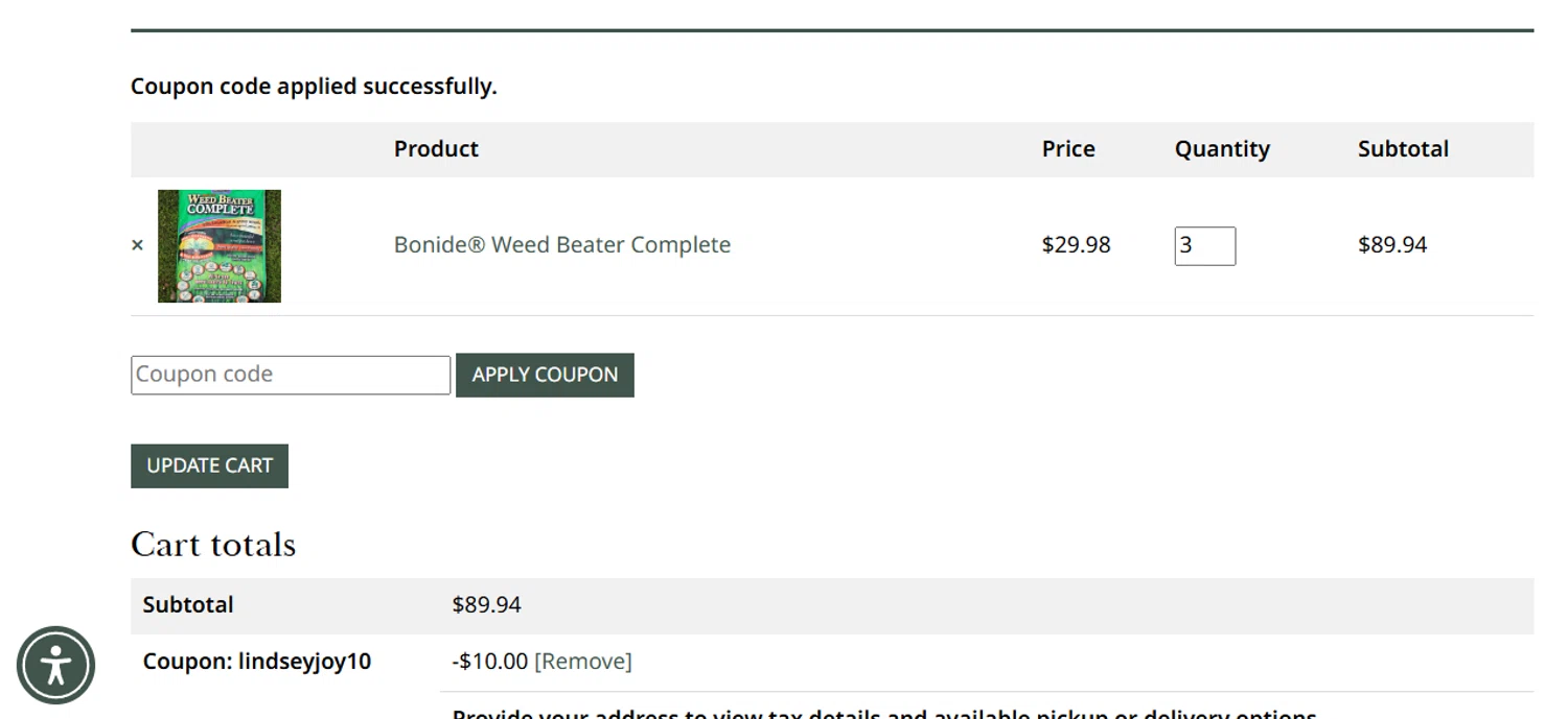 Calloway's Nursery promo code screenshot showing code LINDSEYJOY10 applied at Calloway's Nursery checkout page. Uploaded by SimplyCodes community member ashe1986 on Sep 11, 2025
