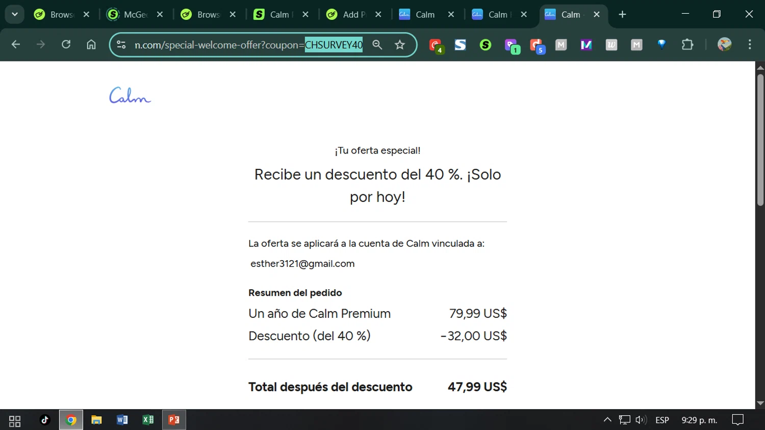 Calm promo code screenshot showing code CHSURVEY40 applied at Calm checkout page. Uploaded by SimplyCodes community member ESTHER3121 on Dec 22, 2025