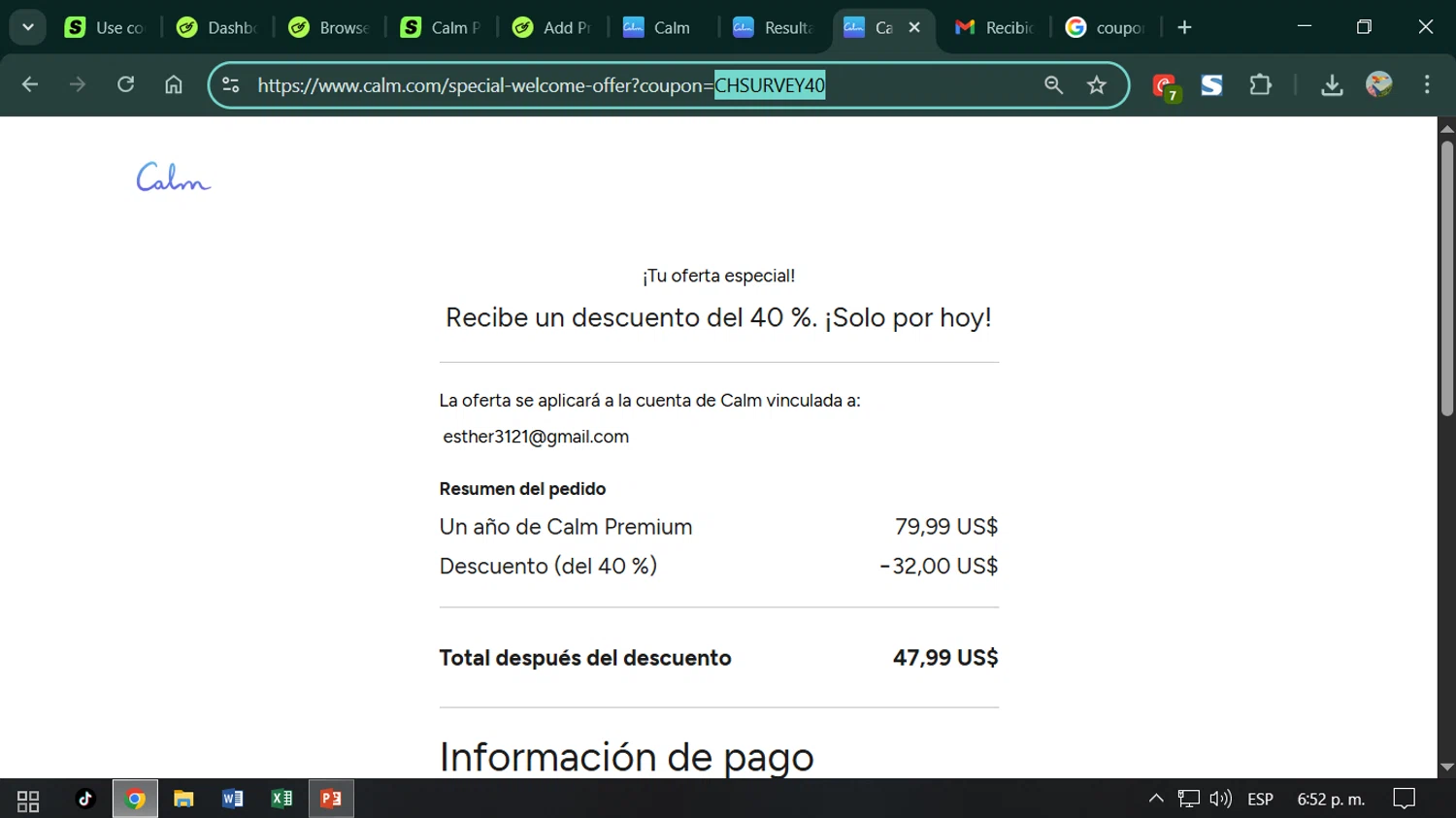 Calm promo code screenshot showing code CHSURVEY40 applied at Calm checkout page. Uploaded by SimplyCodes community member ESTHER3121 on Dec 9, 2025