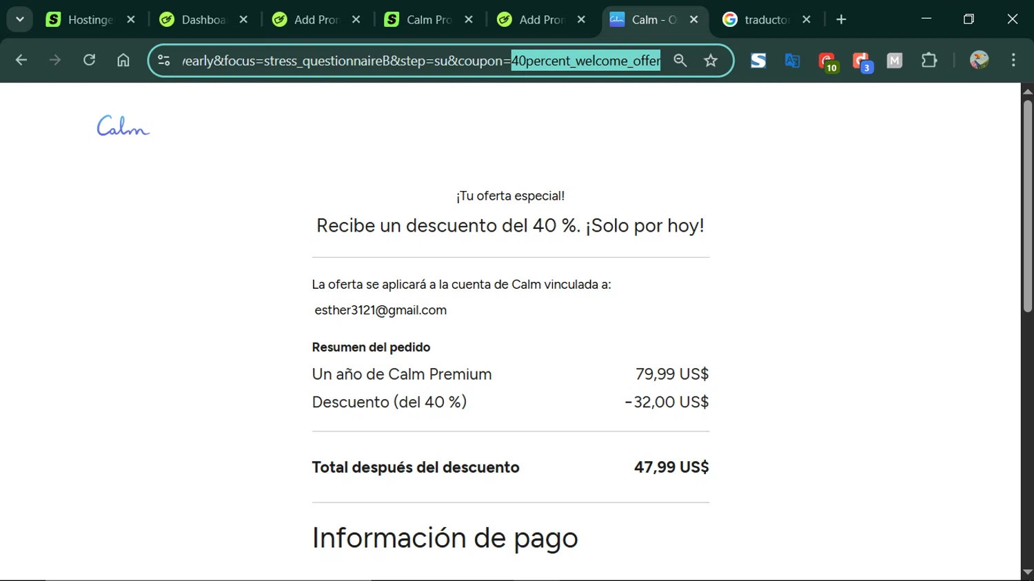 Calm promo code screenshot showing code 40percent_welcome_offer applied at Calm checkout page. Uploaded by SimplyCodes community member ESTHER3121 on Nov 16, 2025