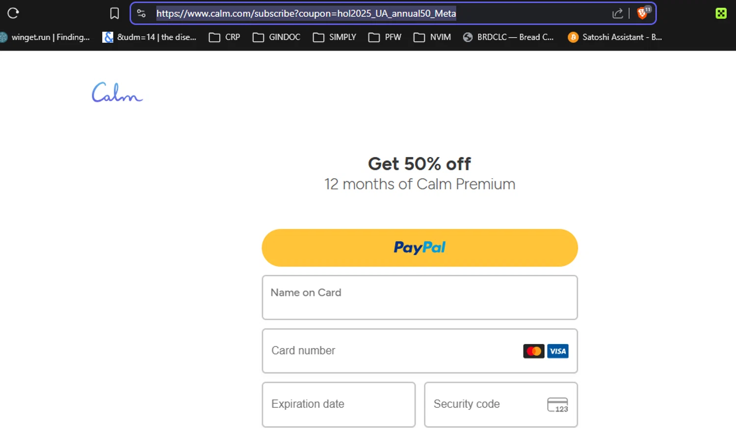 Calm promo code screenshot showing code hol2025_UA_annual50_Meta applied at Calm checkout page. Uploaded by SimplyCodes community member RickhiK on Nov 28, 2025