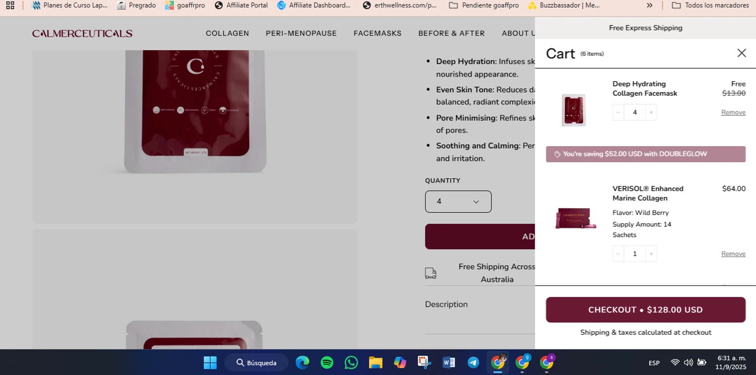 Calmerceuticals promo code screenshot showing code DOUBLEGLOW applied at Calmerceuticals checkout page. Uploaded by SimplyCodes community member luisaballera on Sep 11, 2025