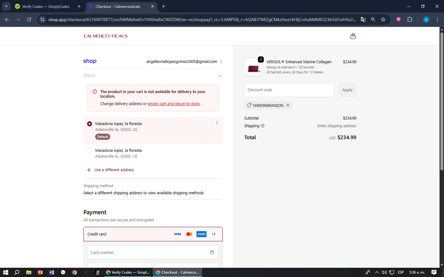 Calmerceuticals promo code screenshot showing code NIKKIPARKINSON applied at Calmerceuticals checkout page. Uploaded by SimplyCodes community member bilijr on Dec 22, 2025