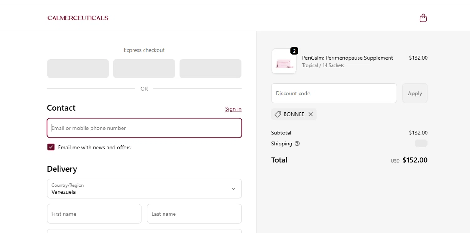 Calmerceuticals promo code screenshot showing code BONNEE applied at Calmerceuticals checkout page. Uploaded by SimplyCodes community member yeresojperez on Oct 24, 2025