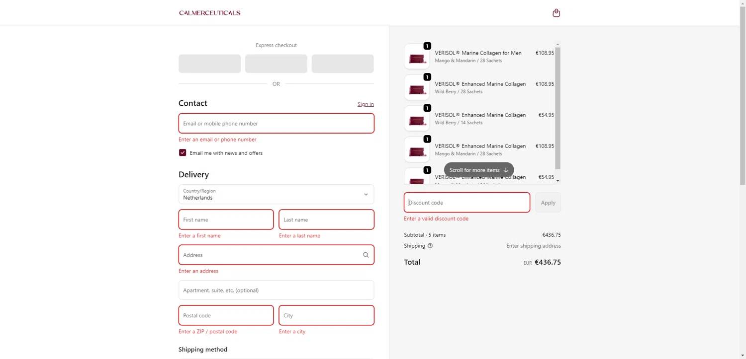 Calmerceuticals promo code screenshot showing code CAROL_FERRONE_VIP applied at Calmerceuticals checkout page. Uploaded by SimplyCodes community member PromoSeeker7158 on Oct 22, 2025