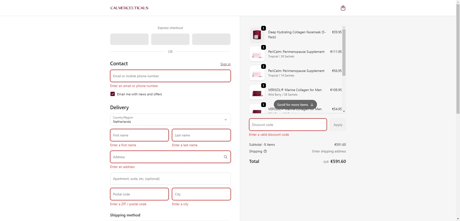 Calmerceuticals promo code screenshot showing code CAROL_FERRONE_VIP applied at Calmerceuticals checkout page. Uploaded by SimplyCodes community member ValiantAce1810 on Oct 22, 2025