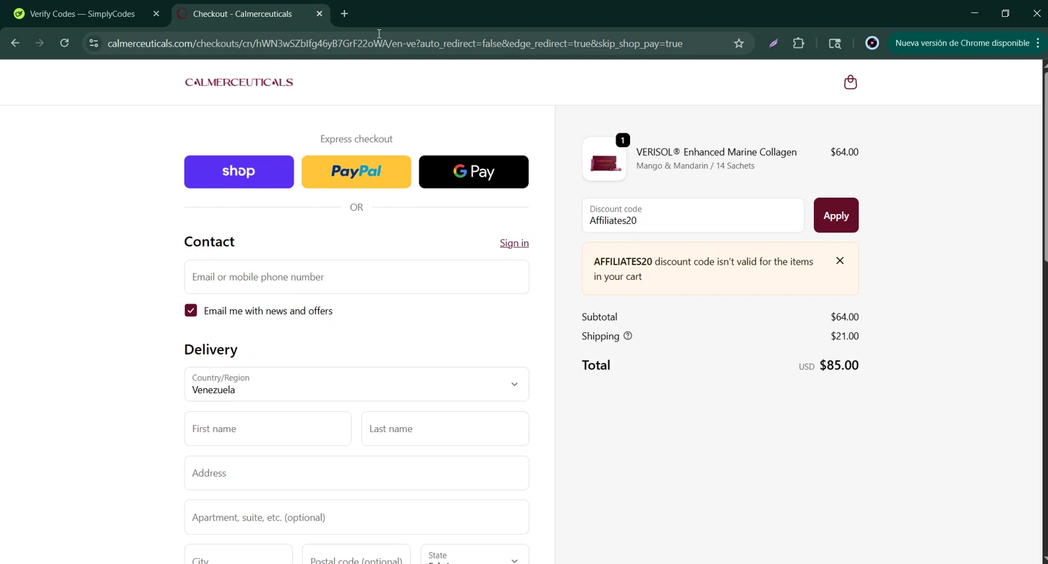 Calmerceuticals promo code screenshot showing code Affiliates20 applied at Calmerceuticals checkout page. Uploaded by SimplyCodes community member Bernard_Lowe on Oct 10, 2025