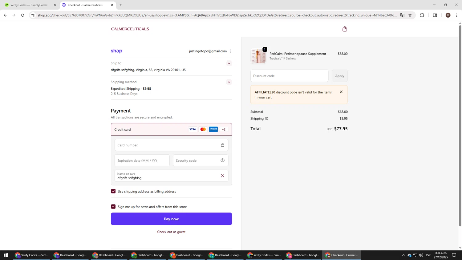 Calmerceuticals promo code screenshot showing code Affiliates20 applied at Calmerceuticals checkout page. Uploaded by SimplyCodes community member KTMCRF on Dec 27, 2025