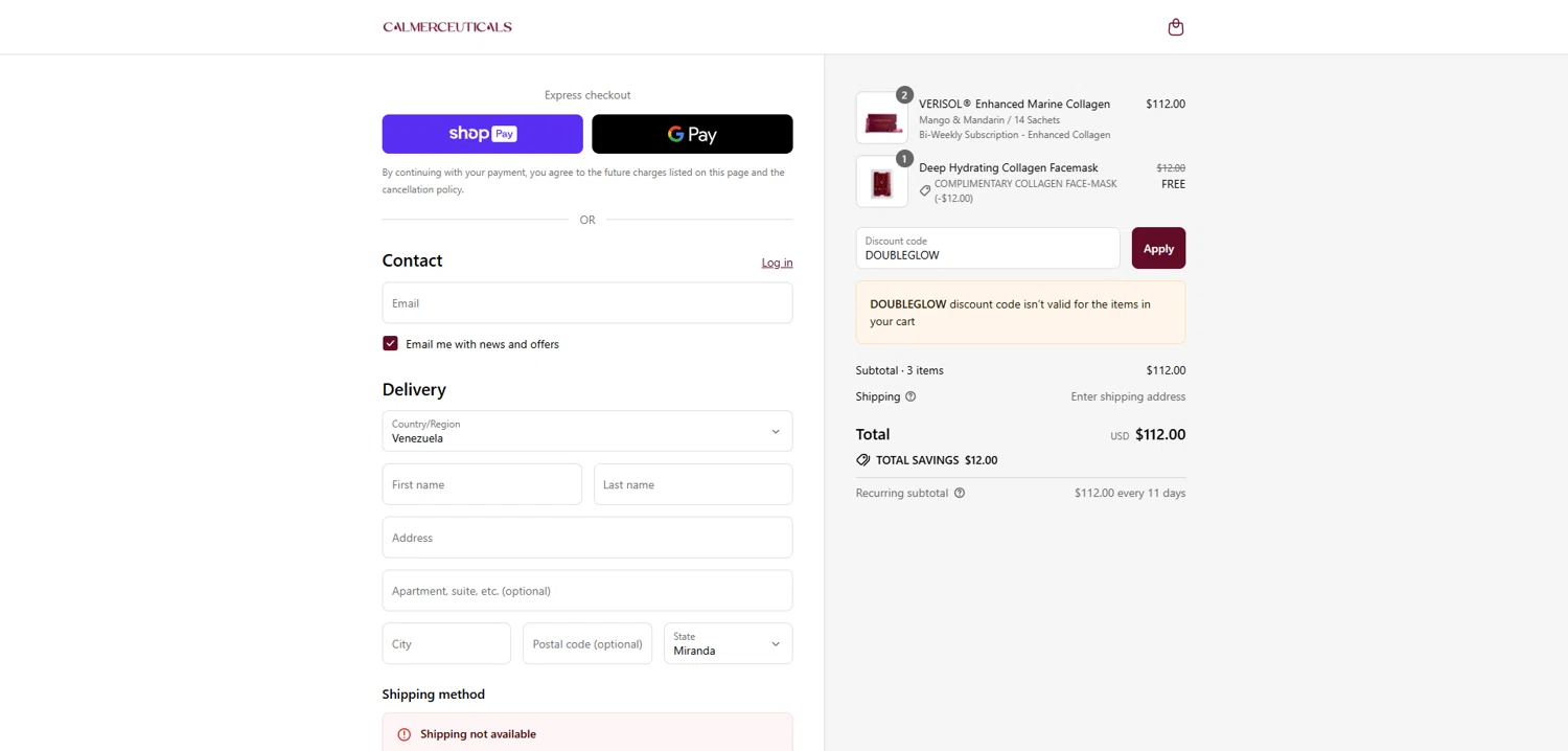 Calmerceuticals promo code screenshot showing code DOUBLEGLOW applied at Calmerceuticals checkout page. Uploaded by SimplyCodes community member Dorothy on Aug 4, 2025