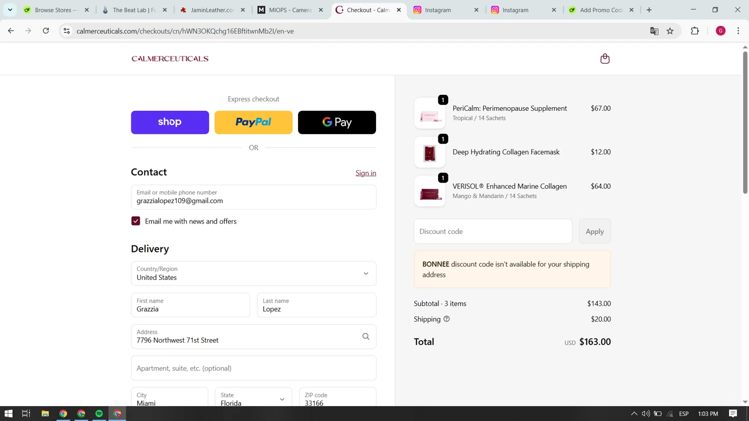 Calmerceuticals promo code screenshot showing code BONNEE applied at Calmerceuticals checkout page. Uploaded by SimplyCodes community member yokoono10 on Sep 25, 2025