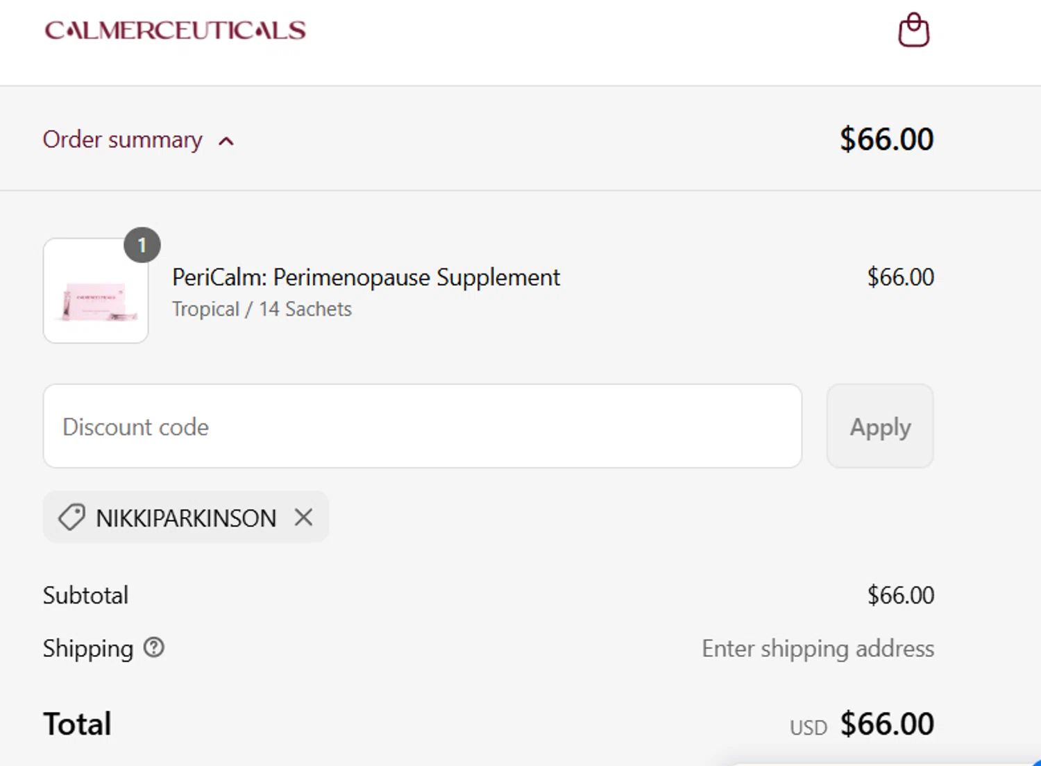 Calmerceuticals promo code screenshot showing code NIKKIPARKINSON applied at Calmerceuticals checkout page. Uploaded by SimplyCodes community member yokoono10 on Aug 10, 2025