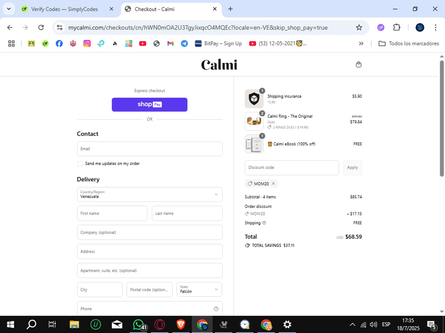 Calmi discount code screenshot showing code mom20 applied at Calmi checkout page. Uploaded by SimplyCodes community member SunJinWoo on Jul 18, 2025