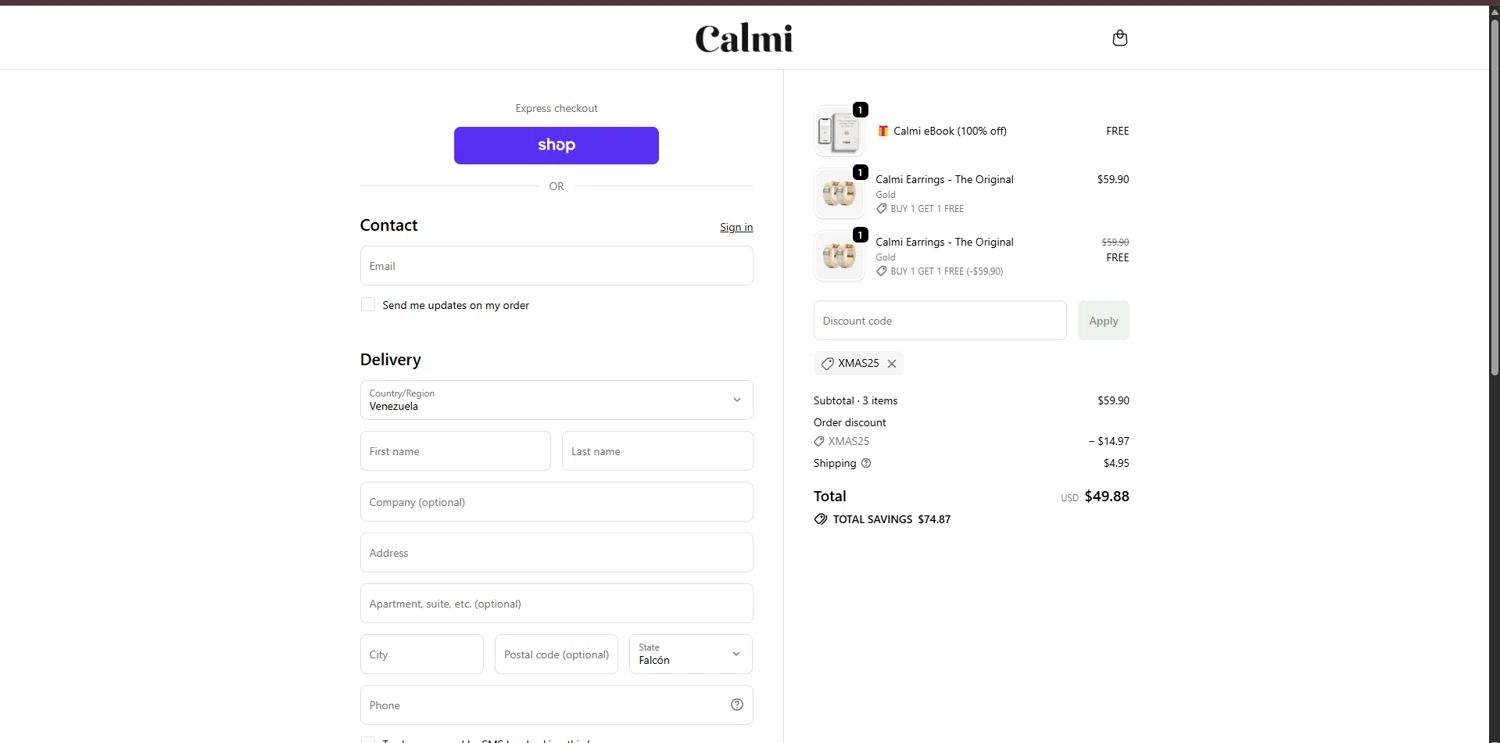 Calmi discount code screenshot showing code XMAS25 applied at Calmi checkout page. Uploaded by SimplyCodes community member WonderVirtuoso3484 on Dec 10, 2025