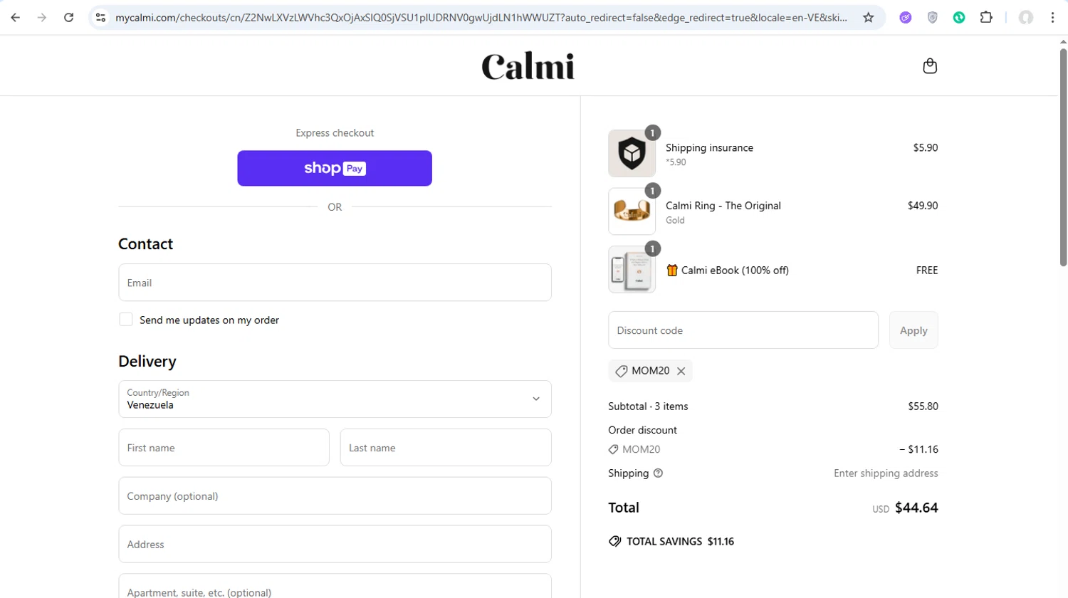 Calmi discount code screenshot showing code mom20 applied at Calmi checkout page. Uploaded by SimplyCodes community member ronaldacunajr13 on Apr 30, 2025