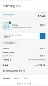 Calming Co. coupon verification screenshot
