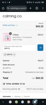 Calming Co. coupon verification screenshot