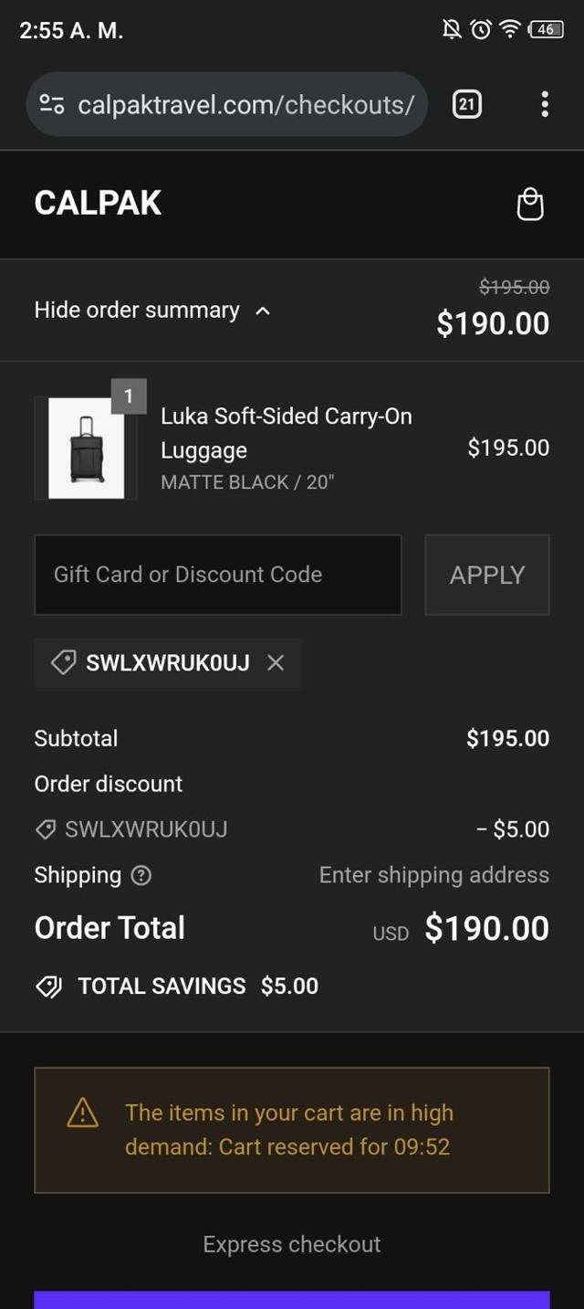CALPAK checkout page showing CALPAK discount code box | Screenshot taken by SimplyCodes community member on Apr 12, 2024