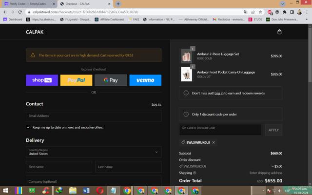 CALPAK checkout page showing CALPAK discount code box | Screenshot taken by SimplyCodes community member on Mar 15, 2024