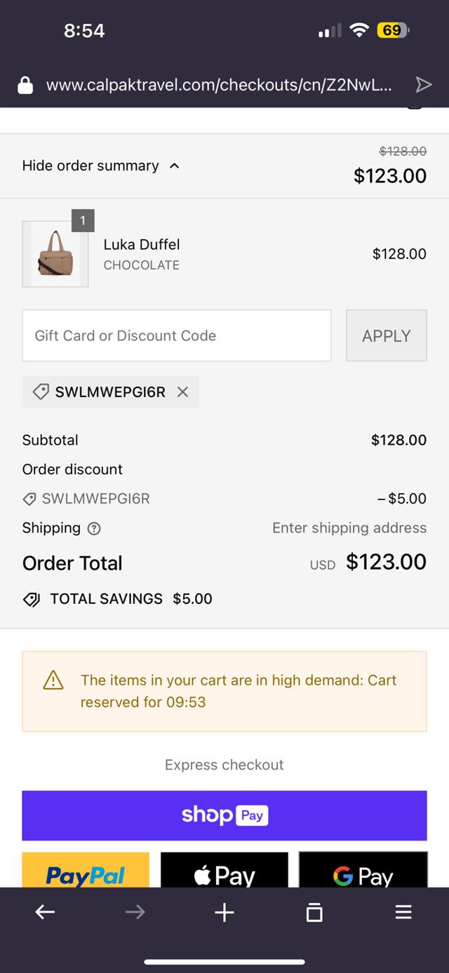 CALPAK checkout page showing CALPAK discount code box | Screenshot taken by SimplyCodes community member on Apr 12, 2024