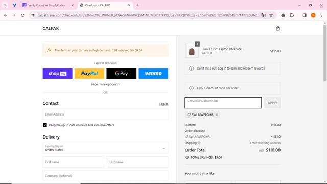 CALPAK checkout page showing CALPAK discount code box | Screenshot taken by SimplyCodes community member on Mar 23, 2024