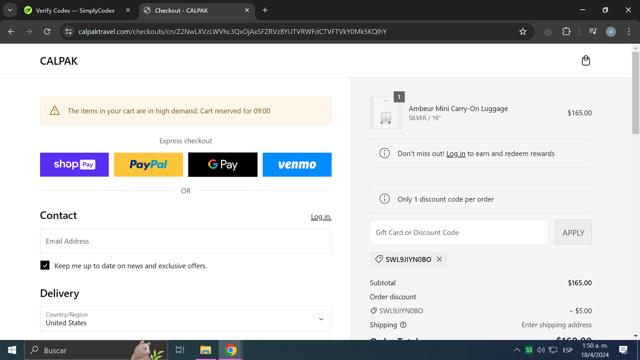 CALPAK checkout page showing CALPAK discount code box | Screenshot taken by SimplyCodes community member on Apr 18, 2024