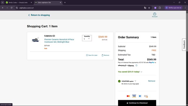 Calphalon checkout page showing Calphalon coupon code box | Screenshot taken by SimplyCodes community member on Jul 20, 2025