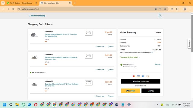 Calphalon checkout page showing Calphalon coupon code box | Screenshot taken by SimplyCodes community member on Jul 7, 2025