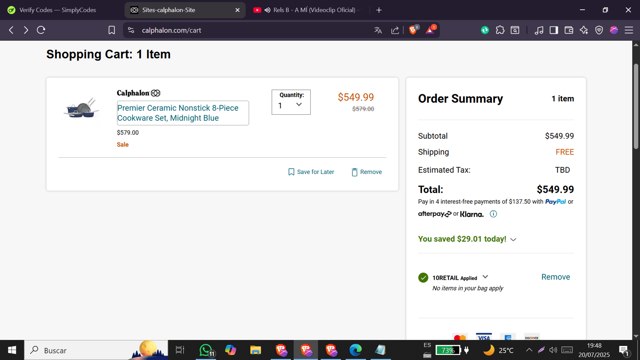 Calphalon checkout page showing Calphalon coupon code box | Screenshot taken by SimplyCodes community member on Jul 20, 2025