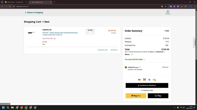 Calphalon checkout page showing Calphalon coupon code box | Screenshot taken by SimplyCodes community member on Jul 20, 2025