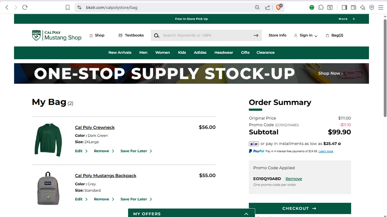 Cal Poly Mustangs checkout page showing Cal Poly Mustangs promo code box | Screenshot taken by SimplyCodes community member on Jan 25, 2026